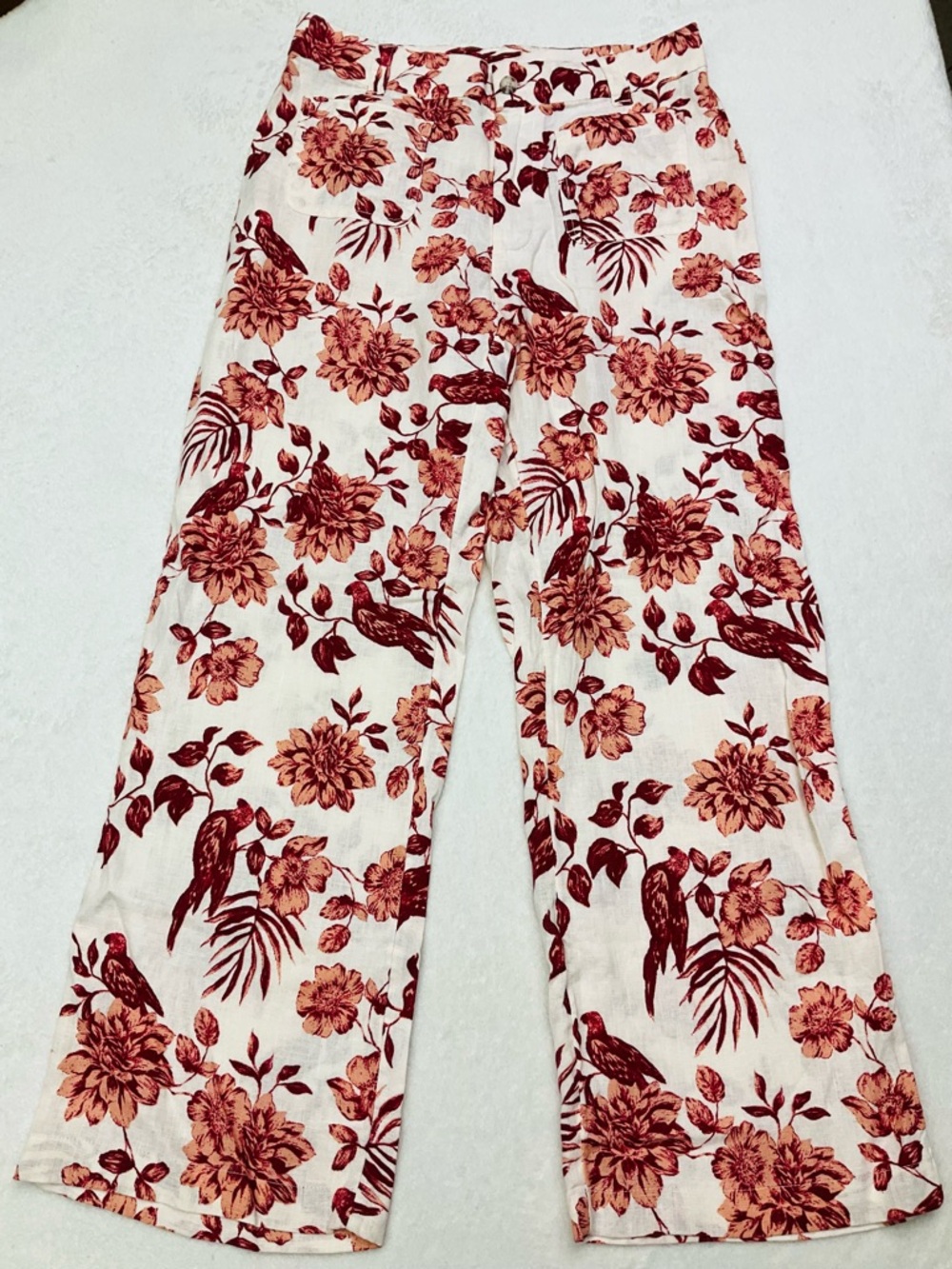 NWT RACHEL ZOE 100% Linen Cream & Rust Red Floral & Bird Print Wide-Leg Pants